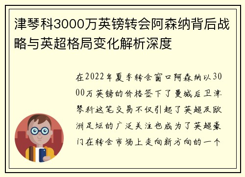 津琴科3000万英镑转会阿森纳背后战略与英超格局变化解析深度