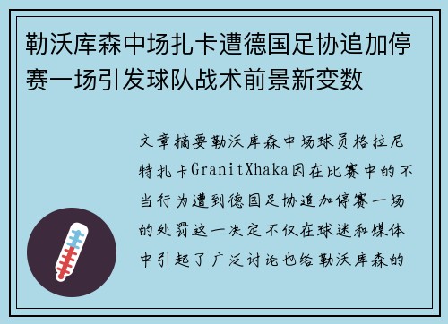 勒沃库森中场扎卡遭德国足协追加停赛一场引发球队战术前景新变数